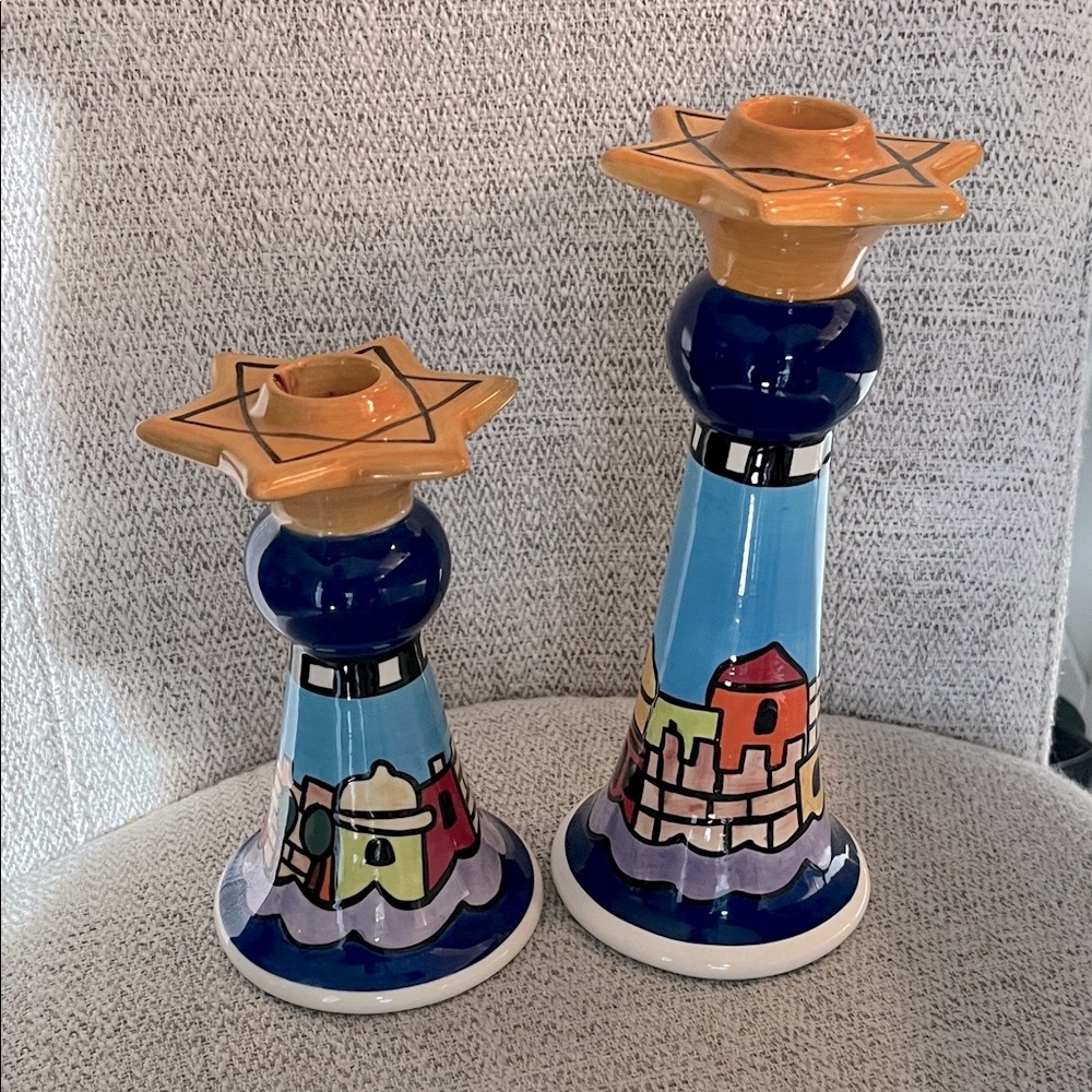 2 Nicole Engblom ceramic Shabbat candle holders multicolor Jerusalem skyline